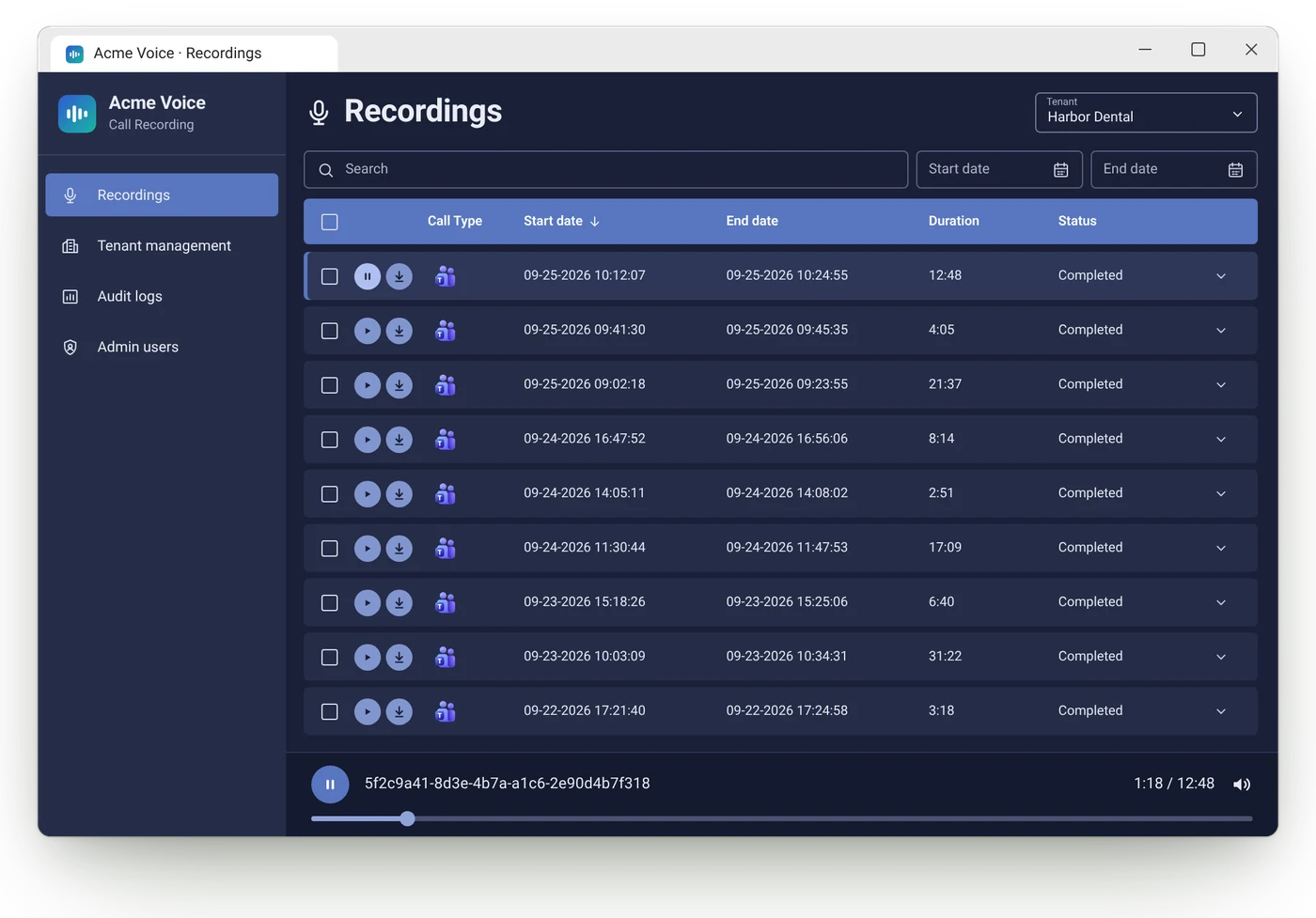 Illustration: the Teams Call Recording portal, white-labelled as Acme Voice: a list of recorded Microsoft Teams calls with search and date filters, play and download buttons, and an audio player.