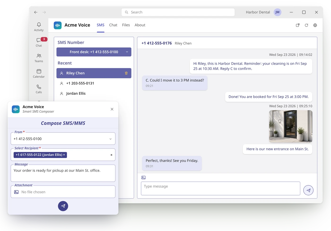 Acme Voice SMS app inside Microsoft Teams, branded with the partner's name and logo