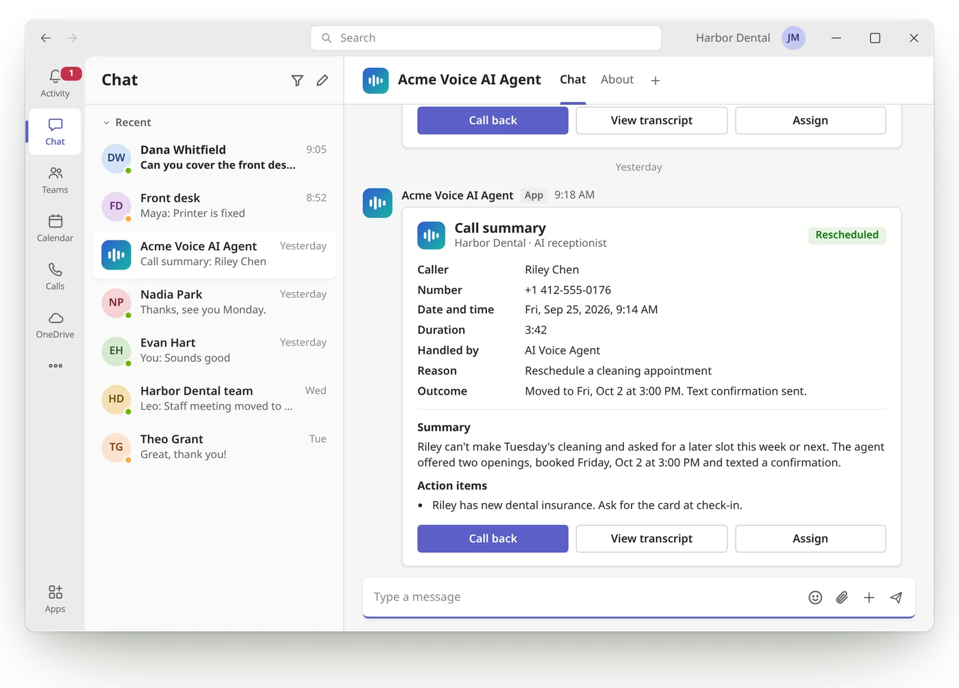 Illustration: Microsoft Teams chat with the Acme Voice AI Agent app, which posts an Adaptive Card call summary: caller, number, date and time, duration, reason and outcome of a rescheduled dental appointment, a short summary, an action item, and Call back, View transcript and Assign buttons.