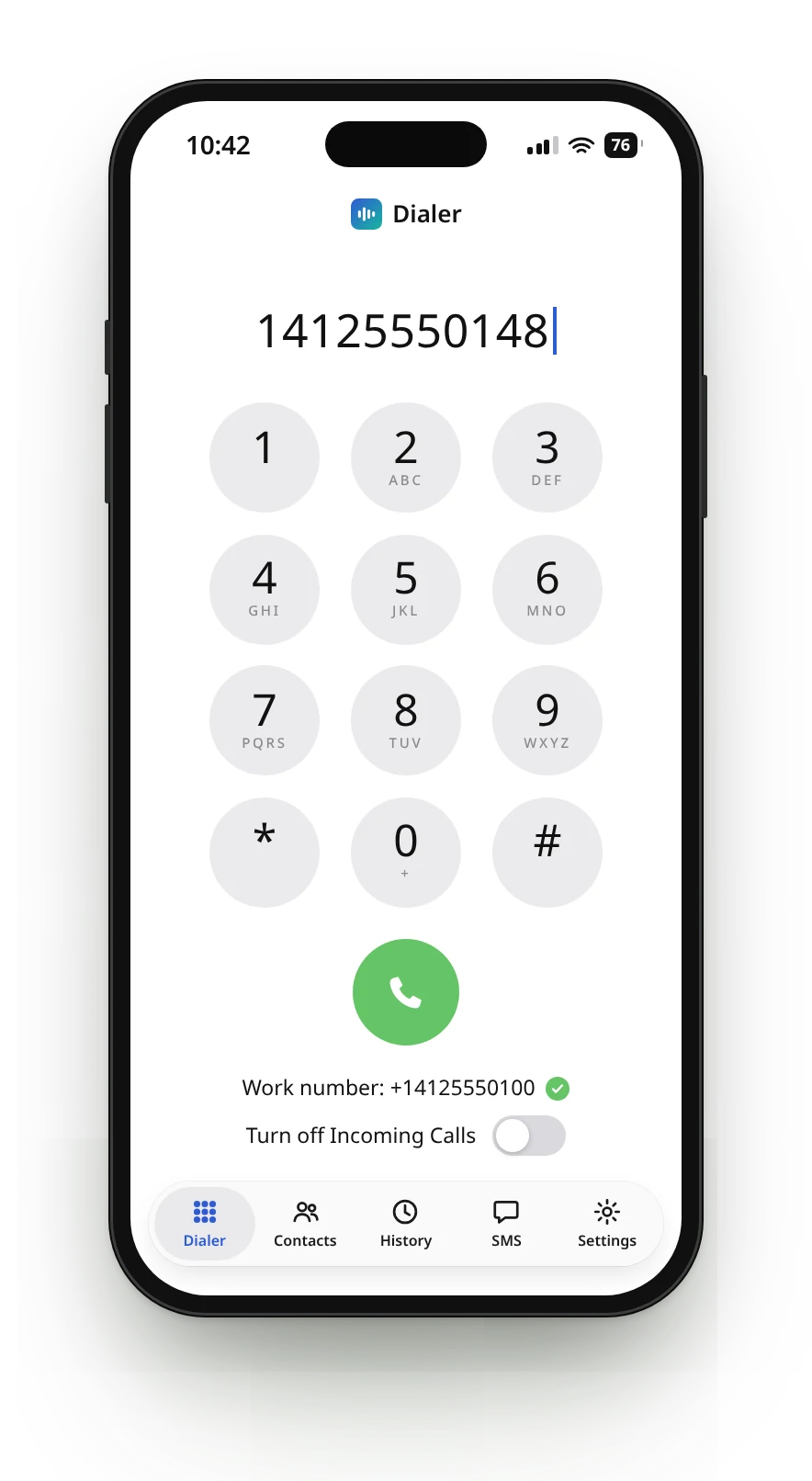 ACS Call App on a phone: the dialer with keypad, work number, and Contacts, History, SMS and Settings tabs