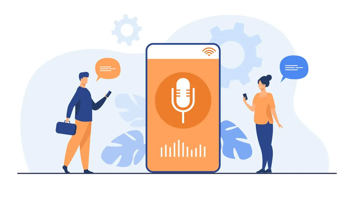 Flat illustration of two professionals holding smartphones and standing beside a large mobile interface with a microphone icon, representing mobile-enabled business call recording or Microsoft Teams call recording for compliance and communication.