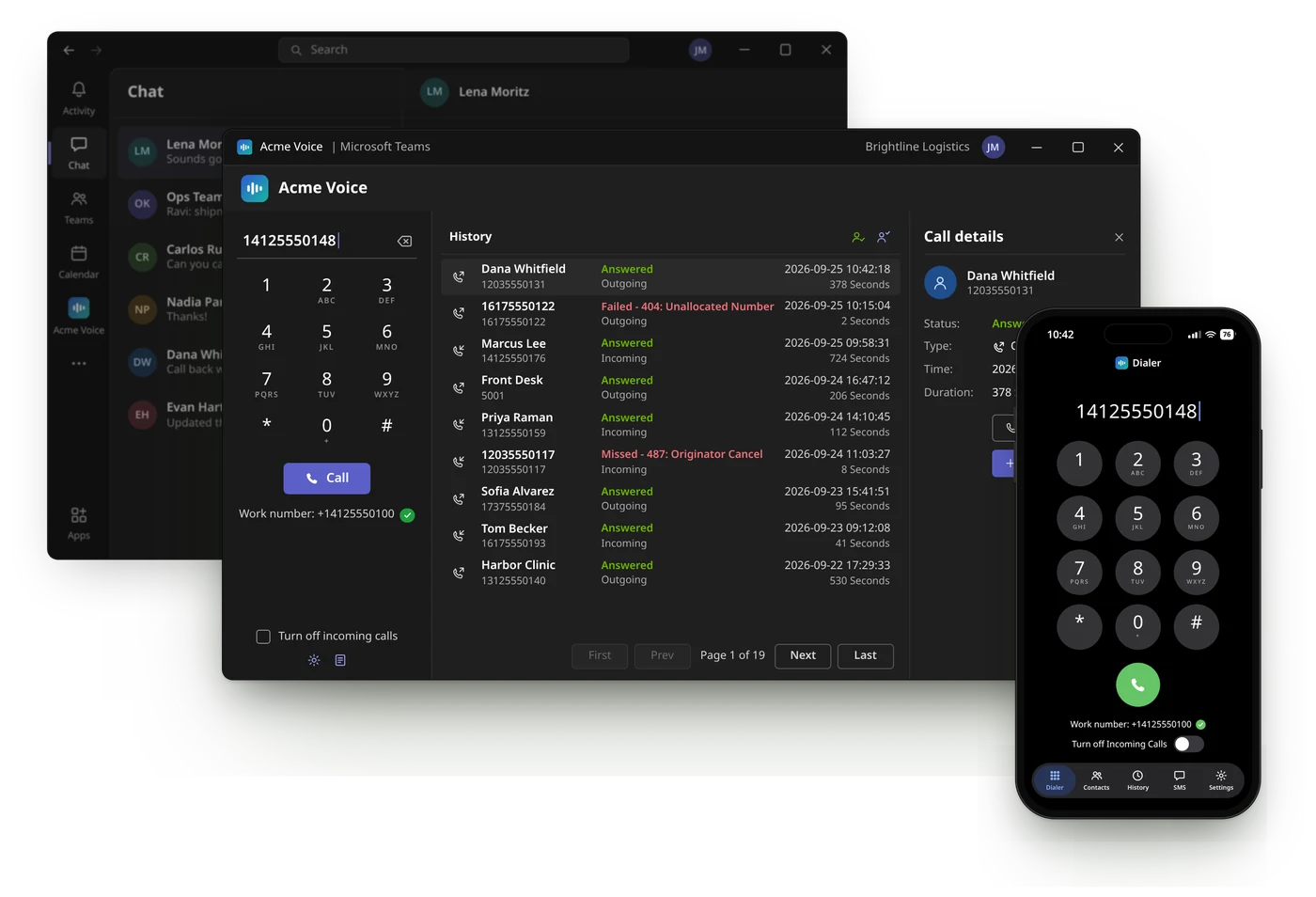 Illustration: the Acme Voice calling app open in its own Microsoft Teams window, with dial pad, call history and call details, next to the Acme Voice mobile dialer on a phone.