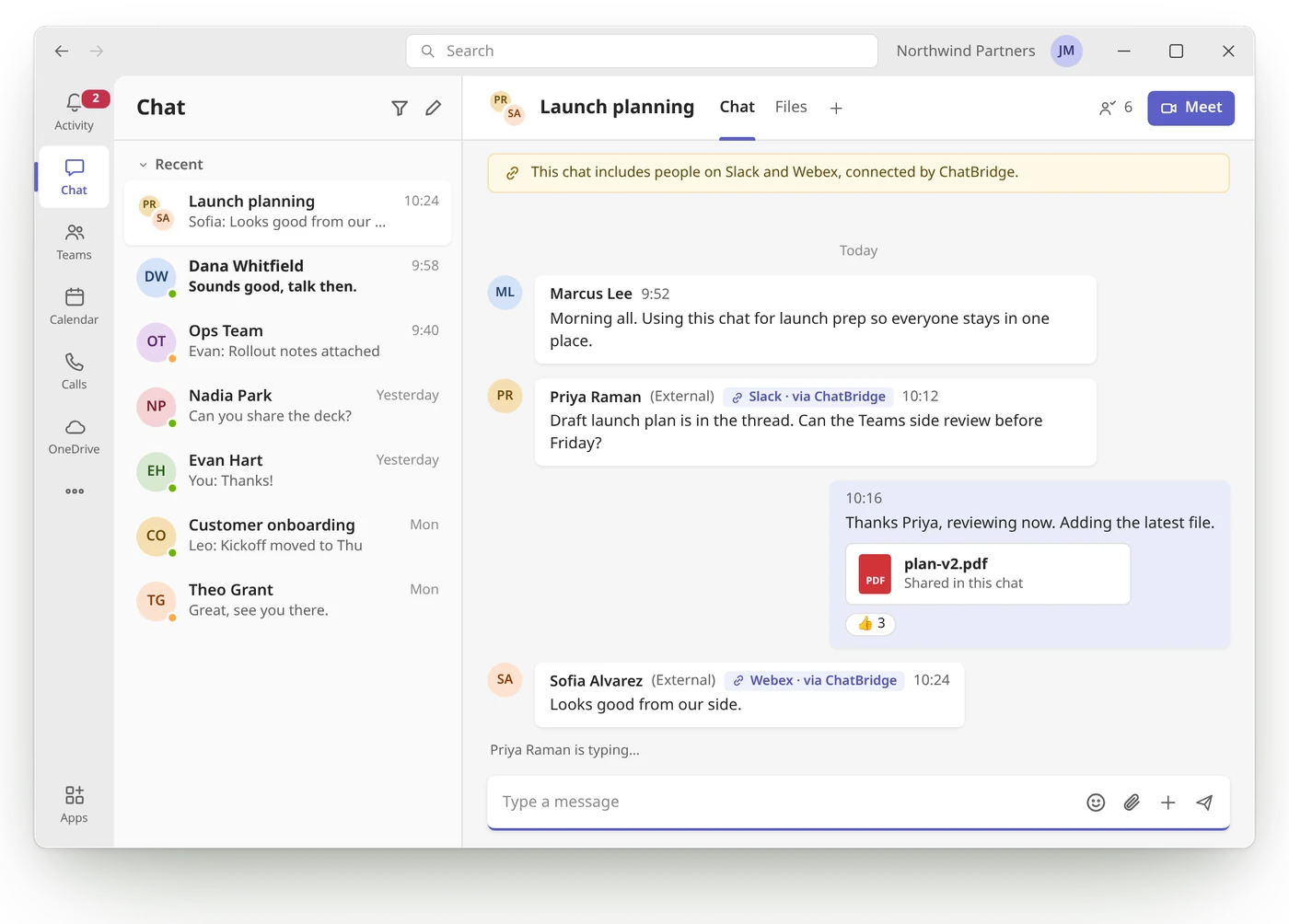 Illustration: a Microsoft Teams group chat named Launch planning. Messages from participants on Slack and Webex appear in the Teams chat, labelled via ChatBridge, alongside a shared file and reactions.