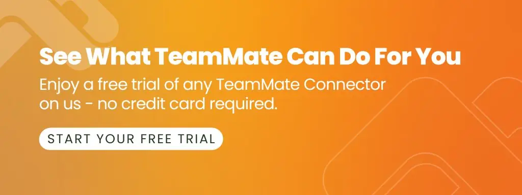 A vibrant orange gradient banner with the headline "See What TeamMate Can Do For You." The subtext reads, "Enjoy a free trial of any TeamMate Connector on us – no credit card required." A prominent white call-to-action button at the bottom left says "START YOUR FREE TRIAL," promoting a seamless setup for SMS for Microsoft Teams.