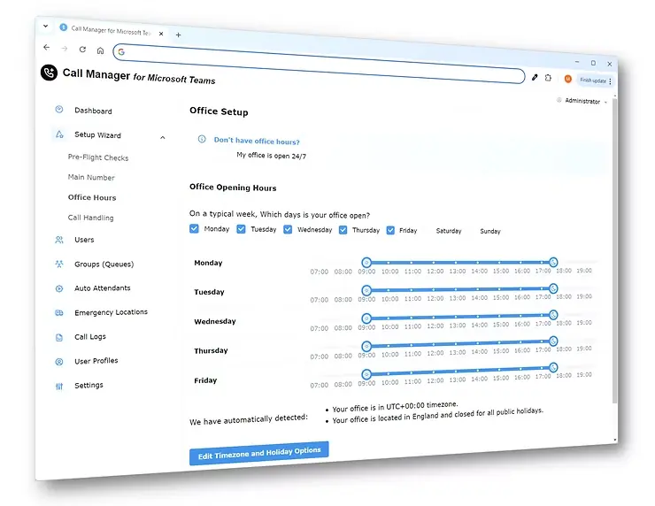 Call Manager for Microsoft Teams setup wizard, Office Hours step: opening hours set Monday to Friday, 09:00 to 17:30, with the time zone and public holidays detected automatically