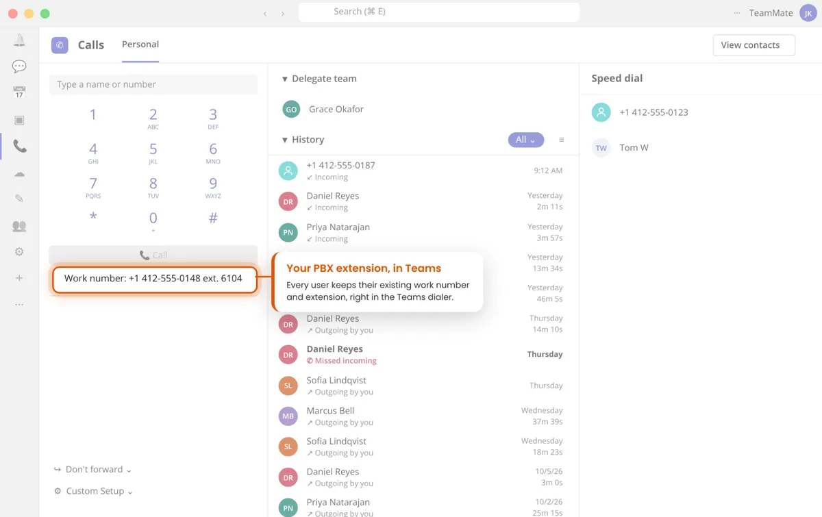 Microsoft Teams Calls app showing a work number with extension, +1 412-555-0148 ext. 6104, from the user's phone system
