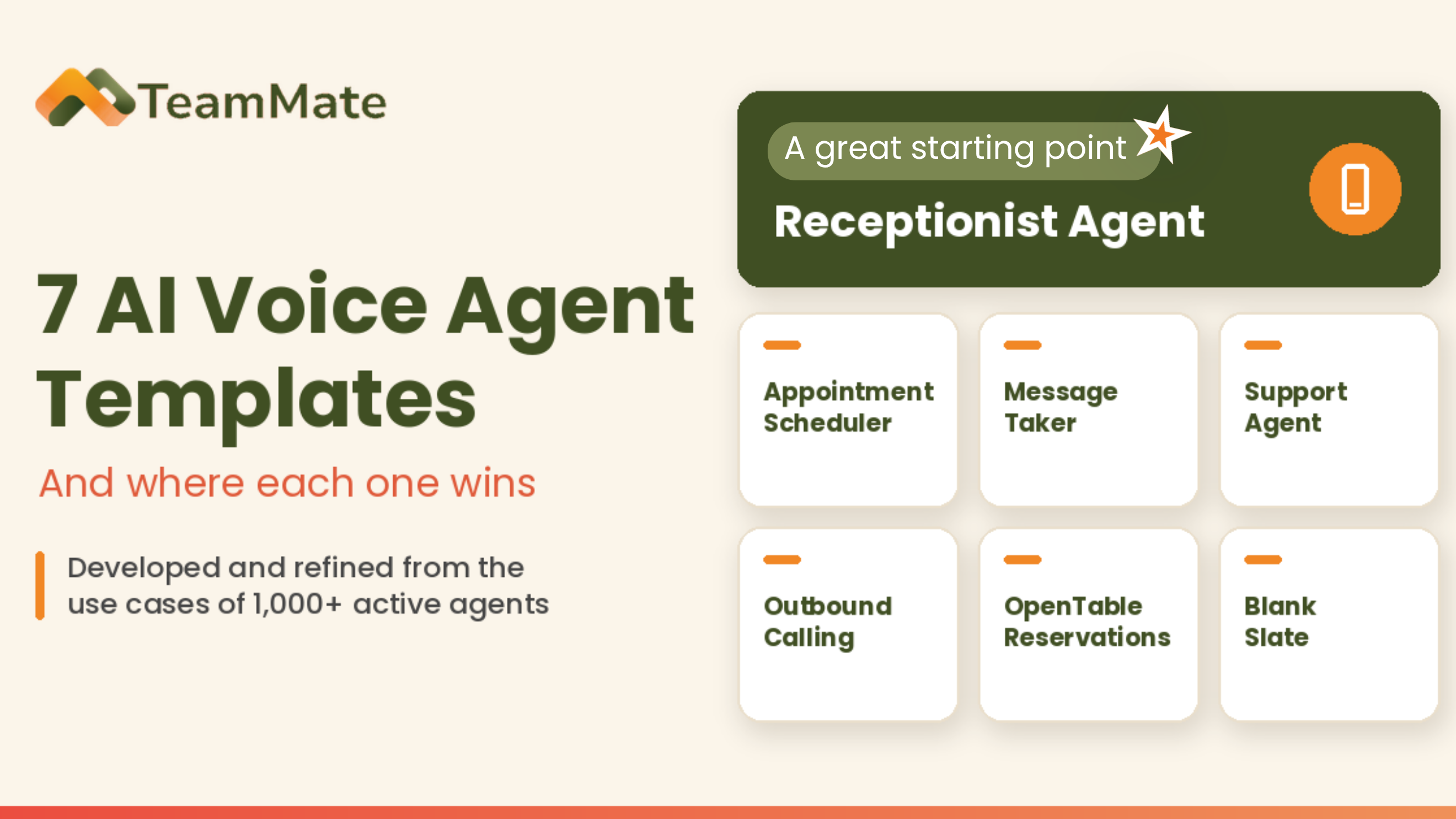 Seven AI voice agent template cards with the Receptionist Agent highlighted