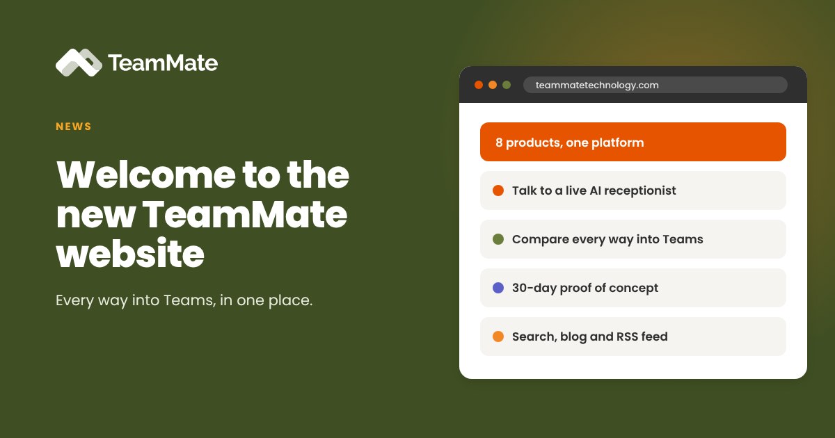 The new TeamMate website, shown as product cards feeding into a Microsoft Teams tenant