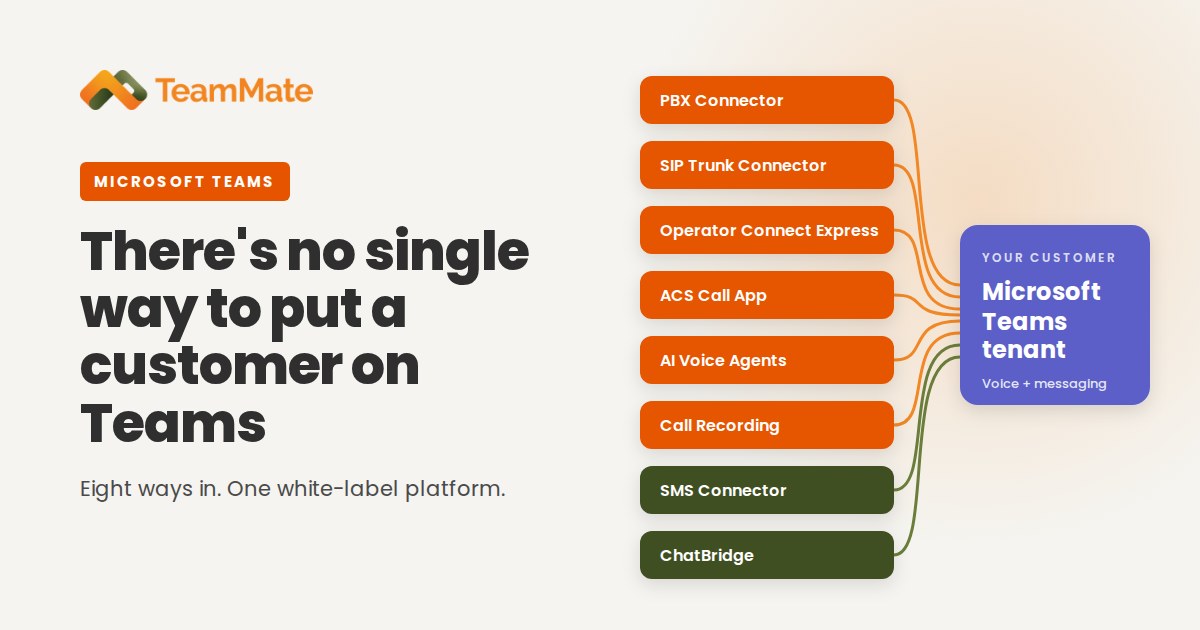 Eight TeamMate products (PBX Connector, SIP Trunk Connector, Operator Connect Express, ACS Call App, AI Voice Agents, Call Recording, SMS Connector, ChatBridge) connecting to one customer Teams tenant