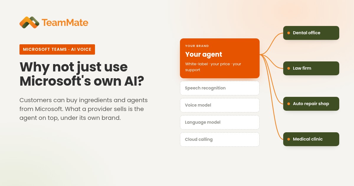 A service provider's branded AI voice agent sitting as a layer on top of generic cloud building blocks, with calls flowing out to customer offices.